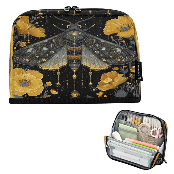 Standing Pencil Case with Base Large Capacity Stationery Pouch Pen Bag with Zipper for Women Men Mystical Moth Pattern