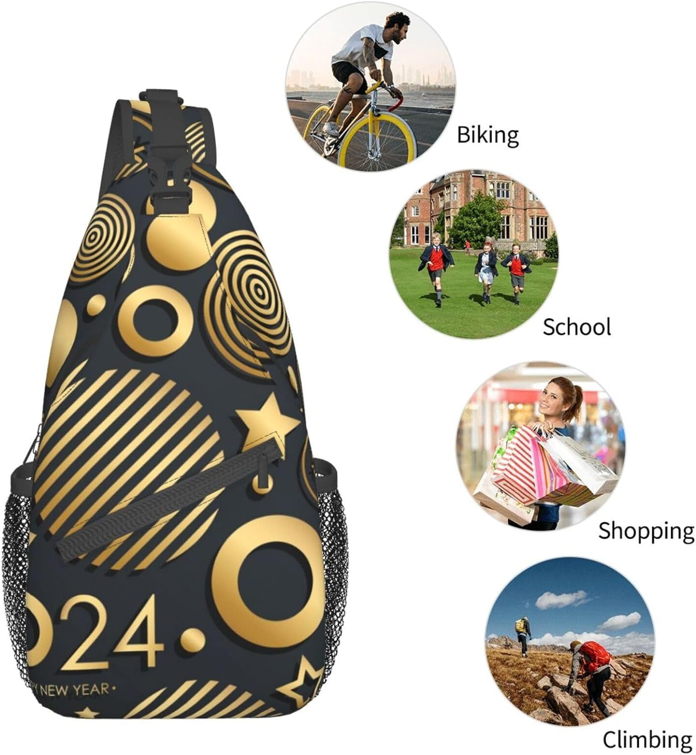 Happy New Year 2024 Sling Bag Crossbody Hiking Travel Chest Bags Backpack Shoulder Daypack for Women Men