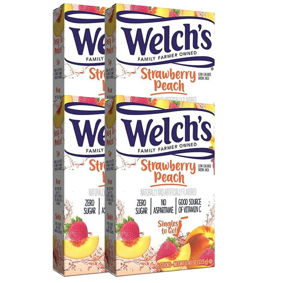 Welch's On the Go Powdered Drink Mix Strawberry Peach Flavor Zero Sugar Low-Calorie Fruity Flavored Easy to Prepare Indoor & Outdoor Picnic Powder Beverages 4 Boxes 6 Sticks, 24 Total Servings
