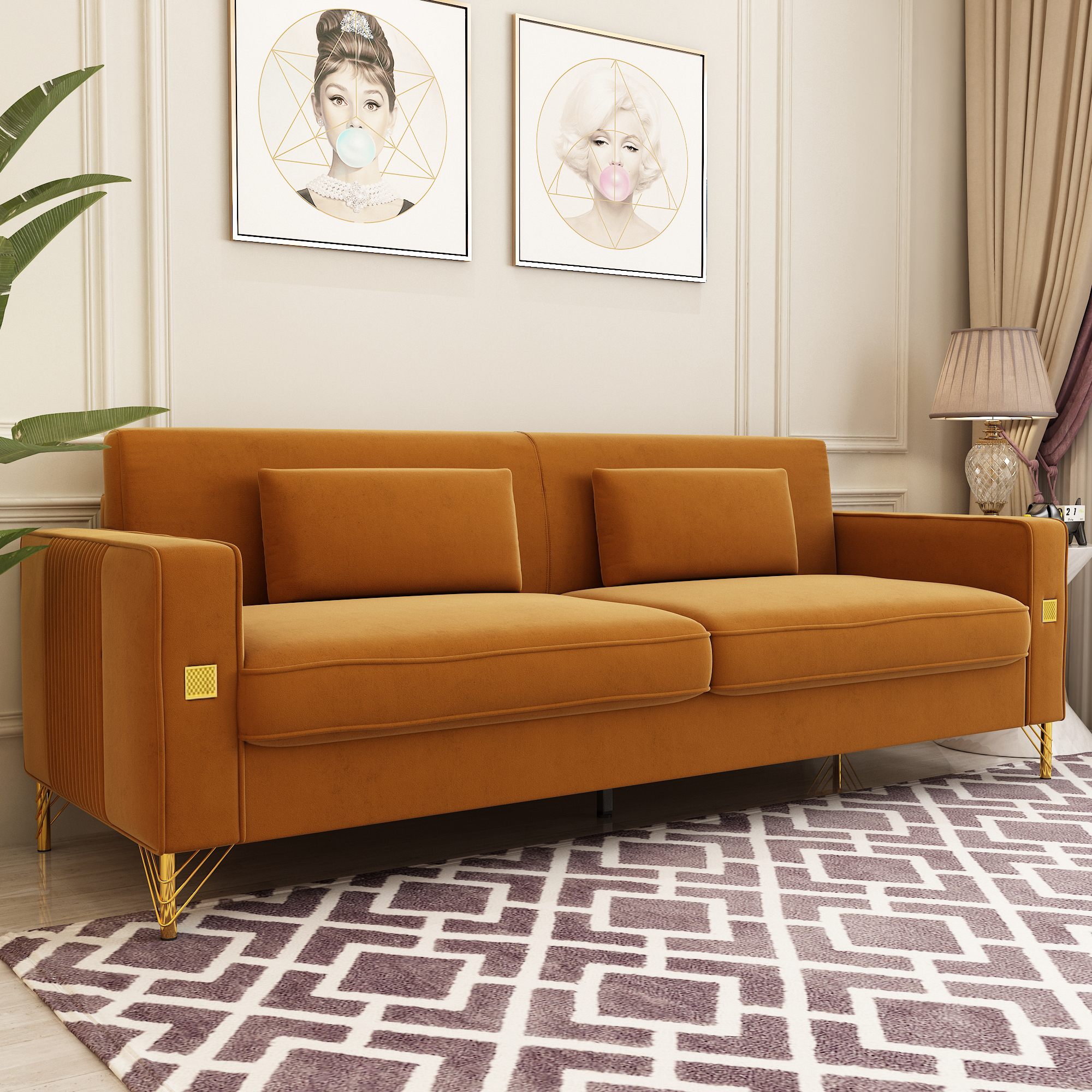 Modern Velvet Upholstered Sofa Couch with Pillows Removable Cushions and Gold Metal Legs for Living Room Office Apartment