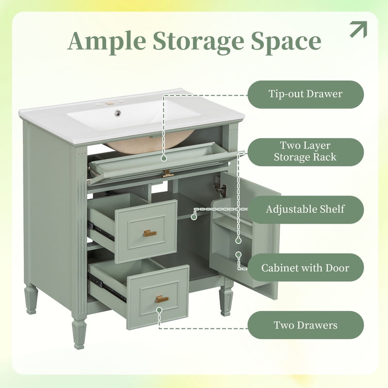 Bellemave 30" Bathroom Vanity with Ceramic Sink, Vanity Cabinet with One Flip Drawer and Two Drawers, Wooden Vanity with Sink Combo Set With Adjustable Shelf, Wooden Storage Cabinet (Gray）