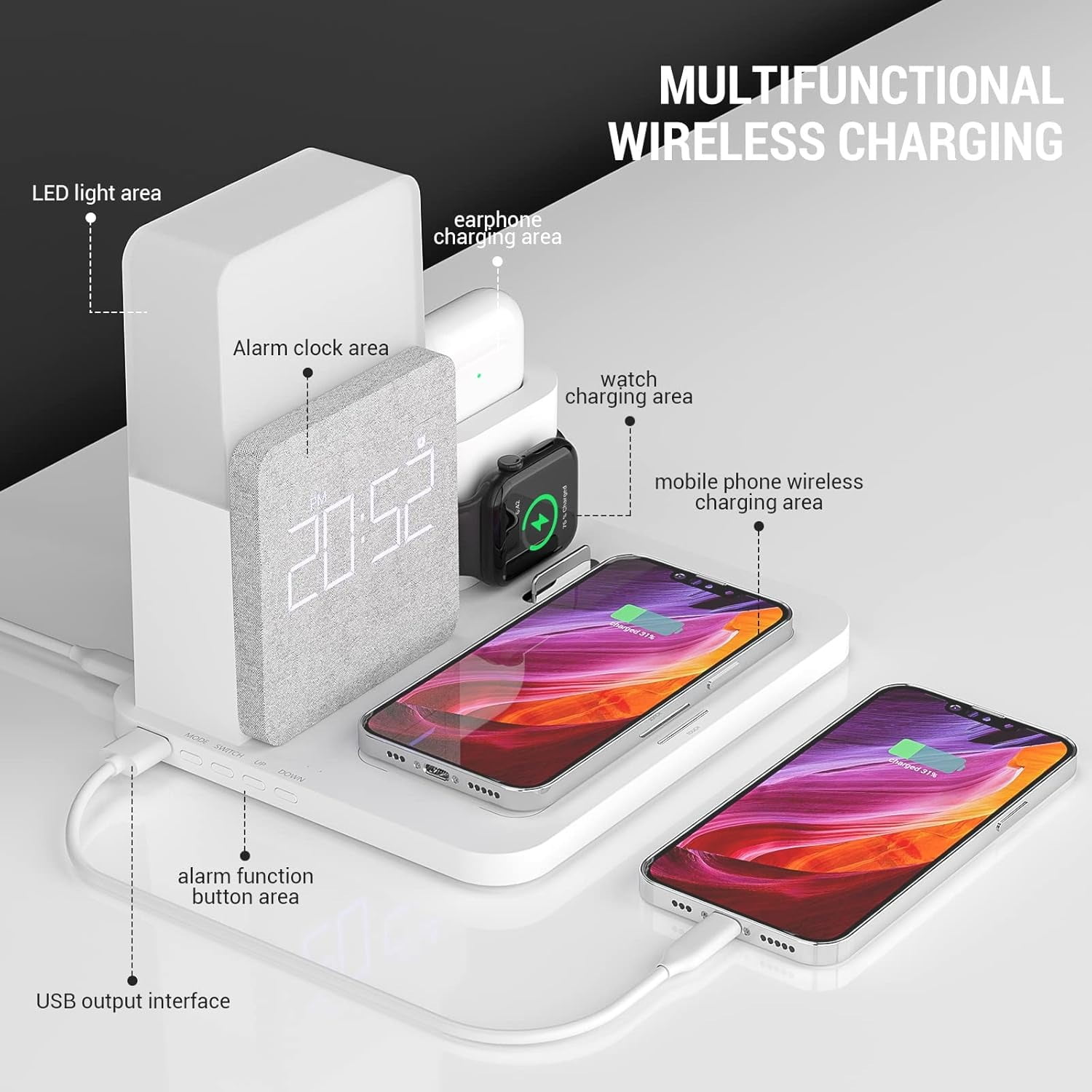 15W 3-in1 Wireless Charger Compatible iPhone 16/15/14/13/15, Apple Watch, AirPods – Fast Charging Dock w/Alarm Clock & Night Light White + 18W Adapter