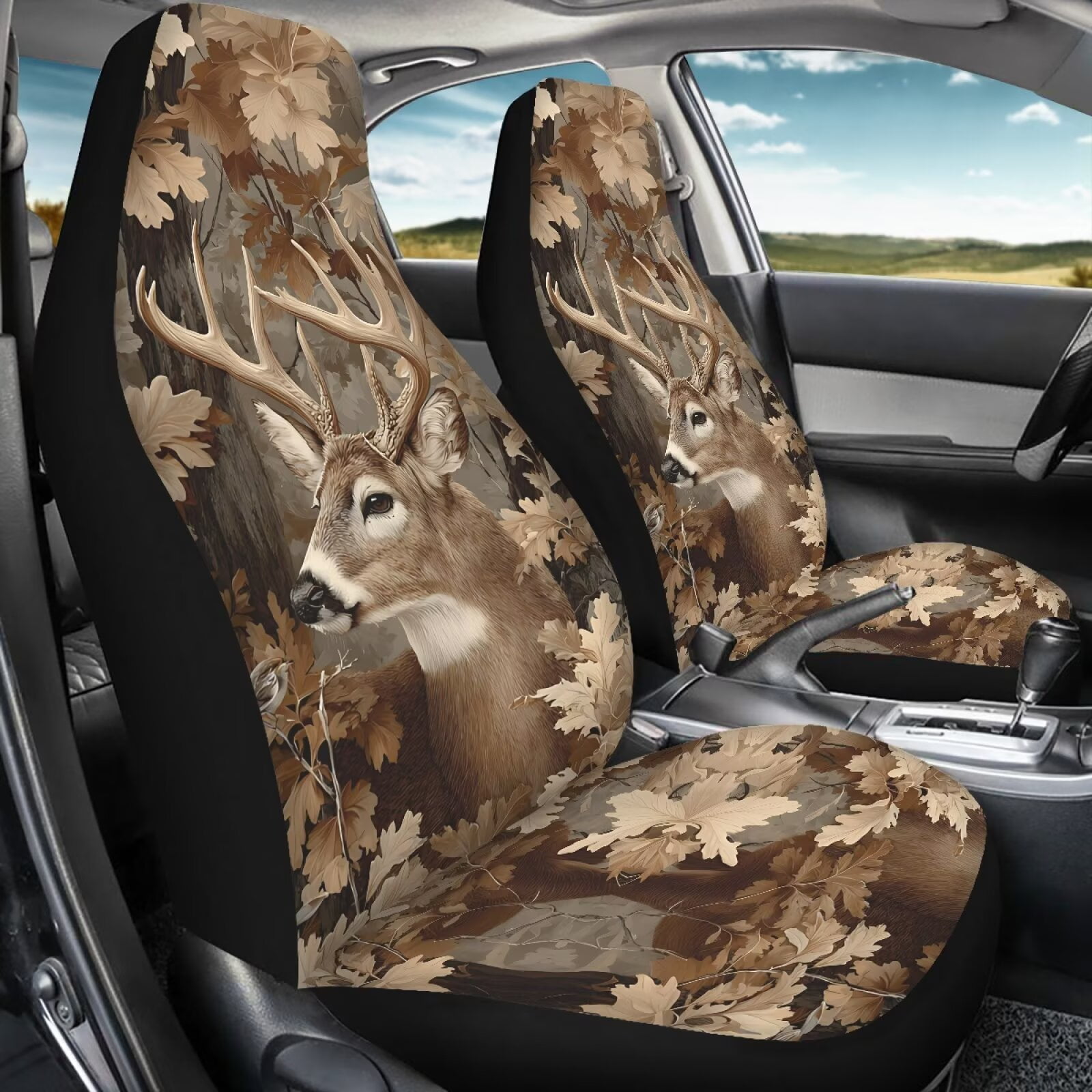 Binienty Deer Hunting Camo Car Seat Covers Full Set 2 Pack Elastic Cloth Vehicle Seat Protectors Washable Anti-Scratch Breathable Bucket Cushions Fit for Most Cars SUV Truck Van