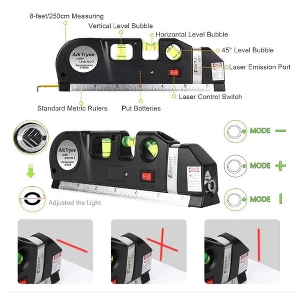 Fixit nivel laser 3 burbujas cinta métrica regla cruz horizontal vertical negro