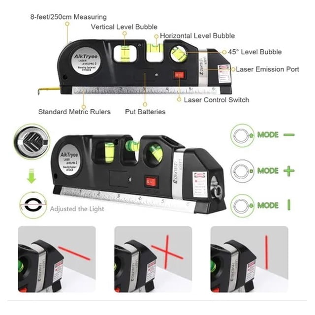 Fixit nivel laser 3 burbujas cinta métrica regla cruz horizontal vertical negro