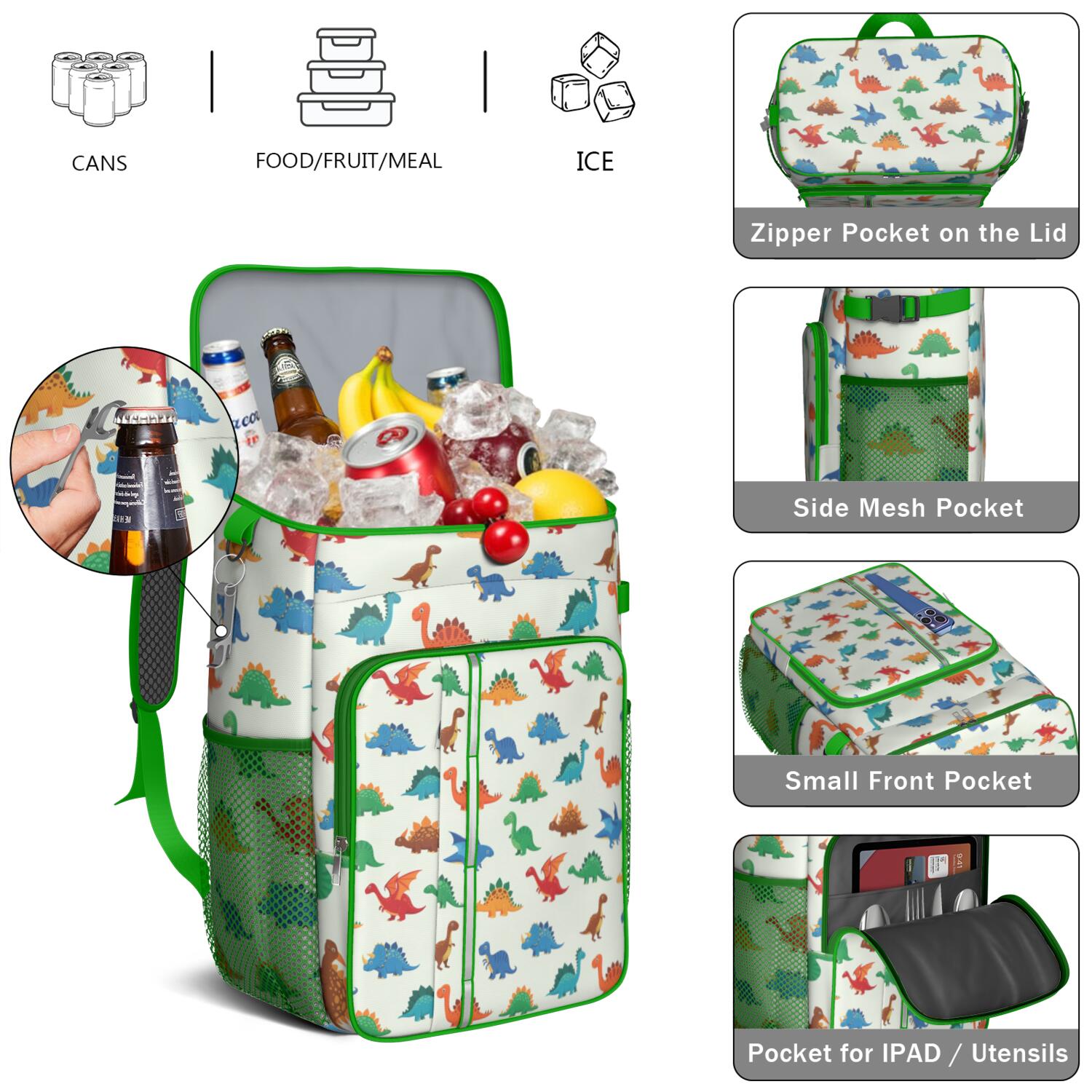 Travel Cooler Bag - White Cartoon Dinosaurs Pattern Camping Beer Cooler Backpack with Bottle Opener- Waterproof Insulated Picnic Backpacks - Cooler Bag for Beach