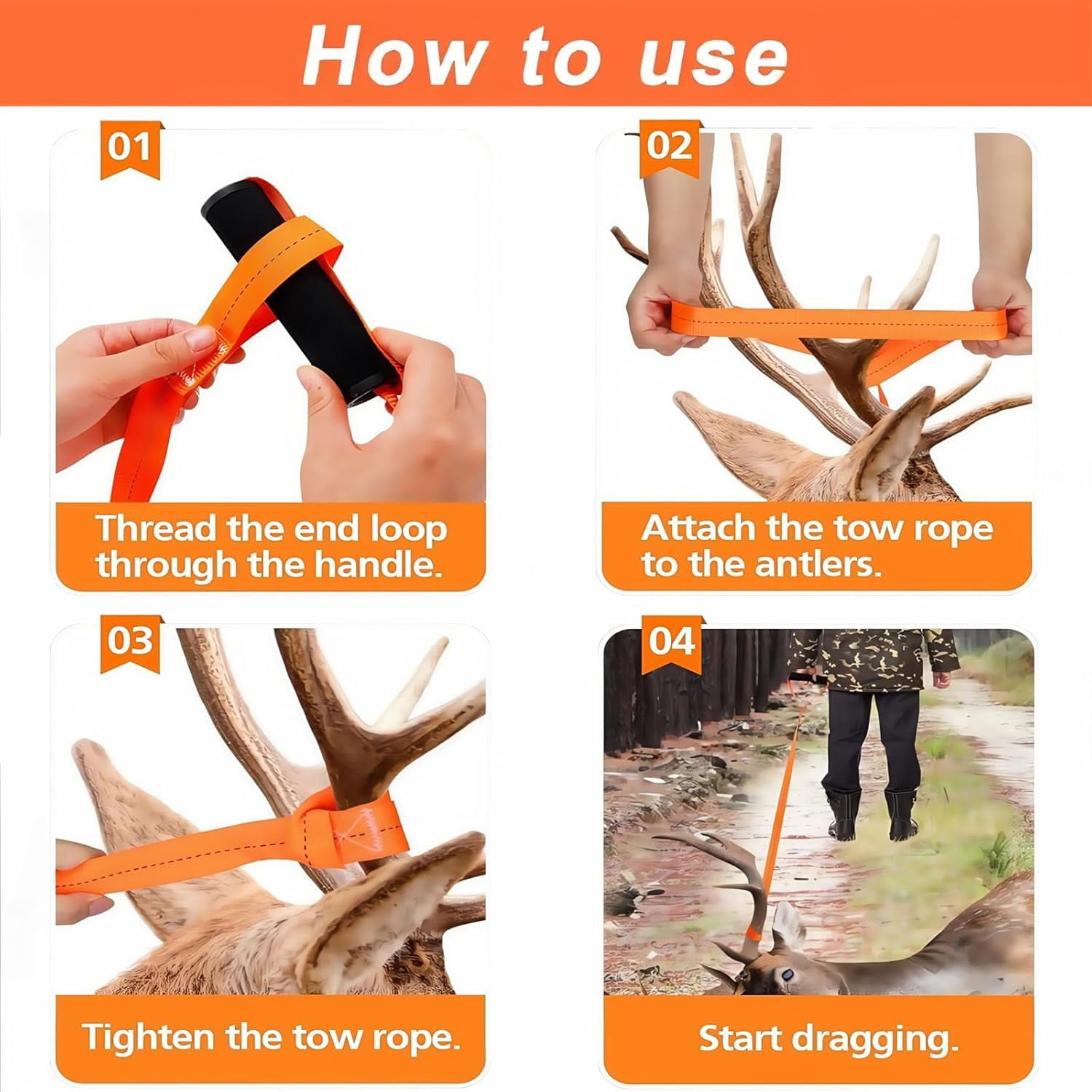 ABCISI 4 Pcs Deer Hunting Accessories, 1700lbs Loadbearing Deer Drag Rope and Hunting Butt Out Tool, Field Dressing Knife, Deer Processing Equipment, Sturdy Rope with Soft Handle, Gifts for A Hunter
