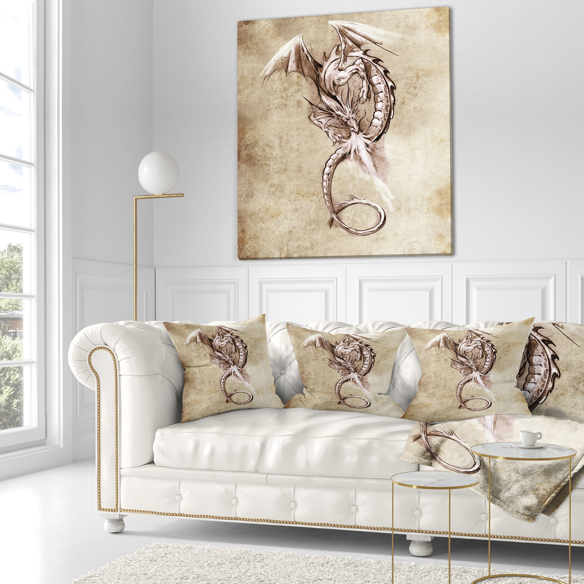Designart Fantasy Dragon Tattoo Sketch - Abstract Throw Pillow - 18x18