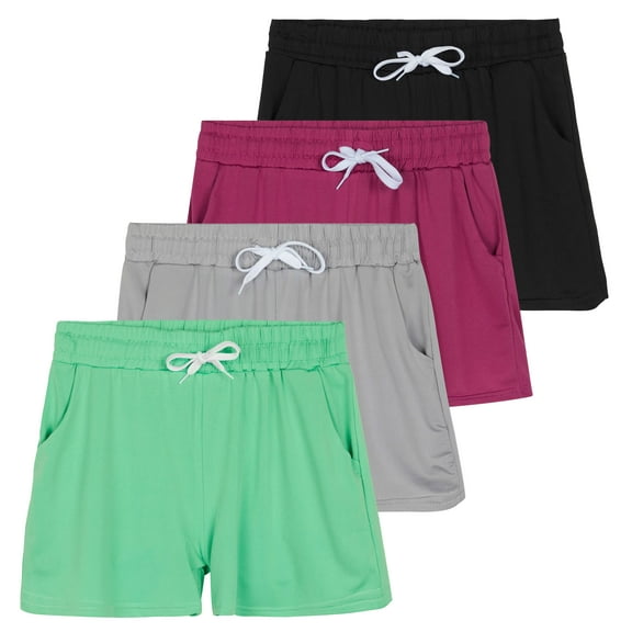 Real Essentials 4 Pack: Girls Athletic Performance Dry-Fit Running Shorts With Drawstring & Pockets