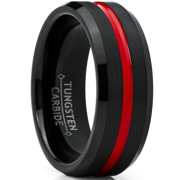 Men's Tungsten Carbide Black Wedding Band Engagement Ring,Grooved Red Center, Comfort Fit 10