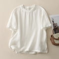 thumbnail image 2 of Women's Cotton Linen T Shirt Short Sleeve Ribbed Spliced Summer Casual Loose Pullover Top by Yigetop White L, 2 of 8