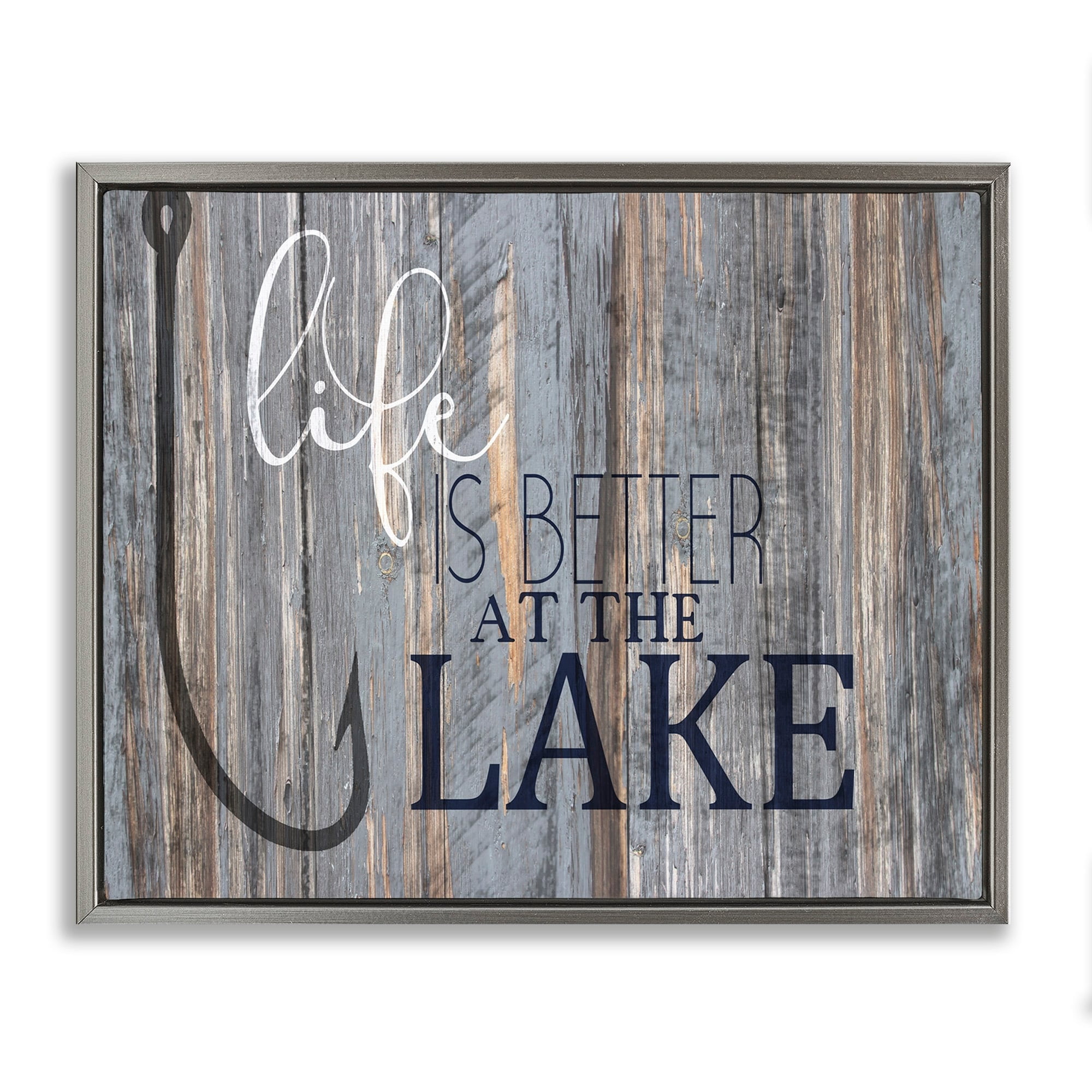 Stupell Industries Life Better Lake Quote Fish Lakehouse Cabin Nautical Phrase Luster Gray Framed Floating Canvas Wall Art, 24x30, by Kim Allen