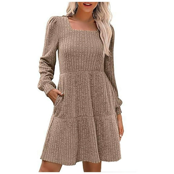 Efsteb Fall Fashion 2025 Womens Long Sleeve Dresses Casual Square Neck Sweater Dress Lantern Sleeve Pocket Knitted Striped Dress (Khaki,S)
