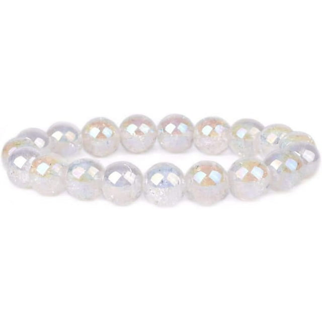 Bracelet Extensible Unisexe Aqua Aura Craquelé Quartz Clair Pierre Précieuse Perles Rondes 10 mm 7 Pouces