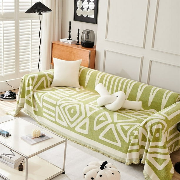 Nvzi Funda de sofá de chenilla verde, funda de sofá con borlas estilo bohemio, funda de toalla para sofá de sala de estar,lavable, protector de sofá de 70,87 x 51,18 pulgadas