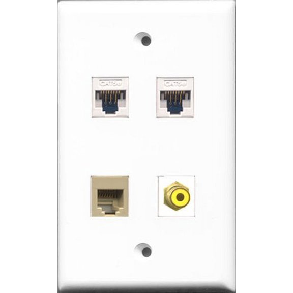 RiteAV - 1 Port RCA Yellow and 1 Port Phone RJ11 RJ12 Beige 2 Port Cat5e Ethernet White Wall Plate
