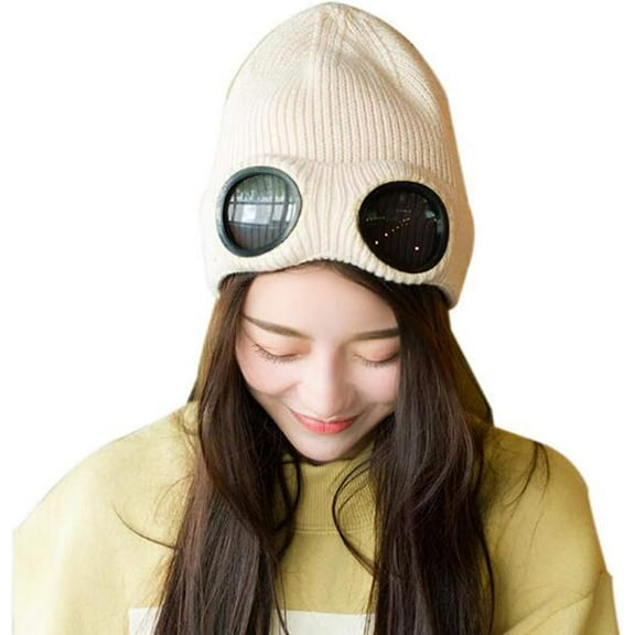 Unisex Fleece Ski Caps Beanie Winter Hat with Goggles Knit Warm Wool Hats Snow Ski Skull Outdoor Cap