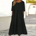 thumbnail image 2 of UsYezik Dresses for Women 2025 Casual Summer Eyelet Embroidery Sundress Pockets Smocked Midi Tunic Dresses Short Sleeve Pleated A-line Flowy Casual Dress Black S, 2 of 5