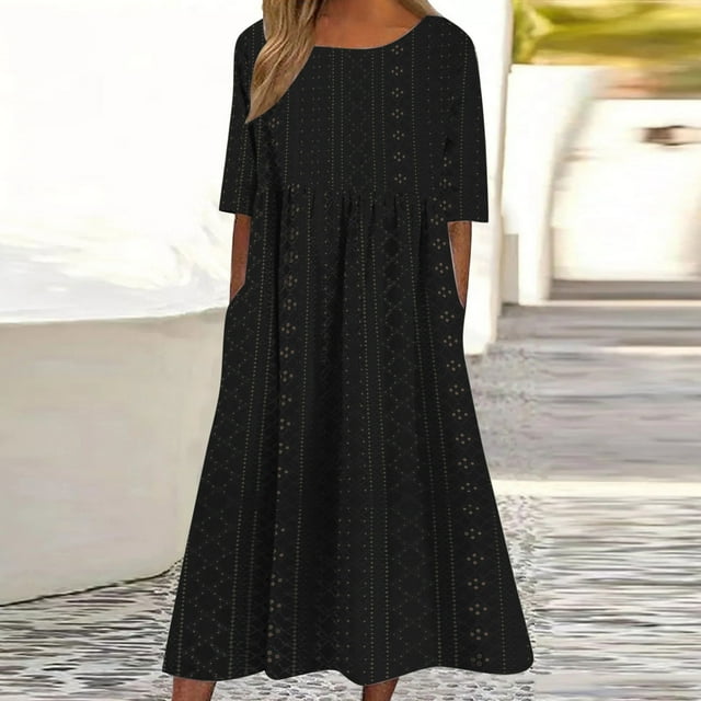 mtvxesu Robes Maxi pour Femmes, Robes Décontractées à Manches Courtes et Col Rond pour le Printemps et l'Été, Robe Mi-Mollet à Œillets