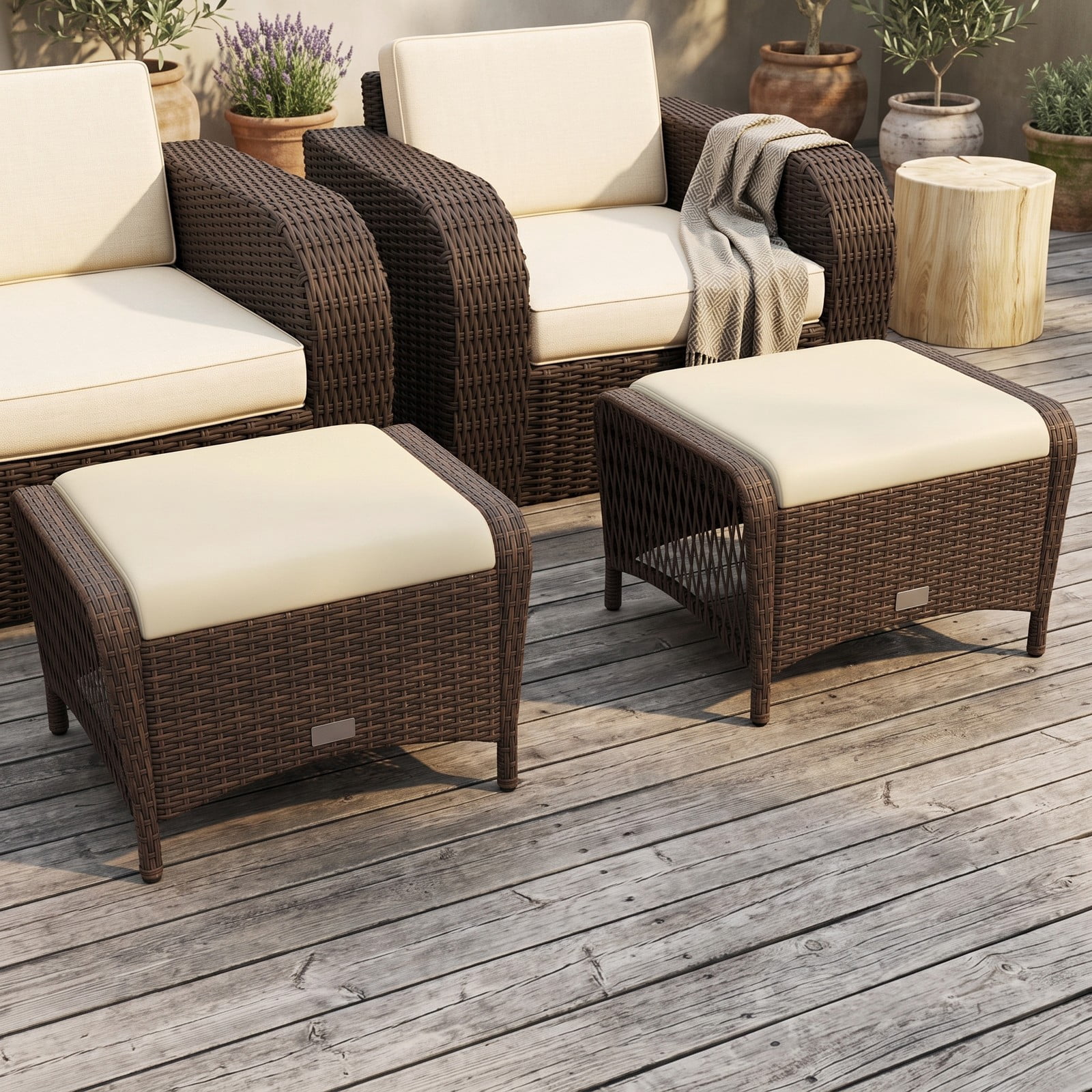 Furnibear Set of 2 Outdoor PE Wicker Patio Ottomans with Removable Cushions for Foot Rest, Extra Seating and Side Table Use, Beige