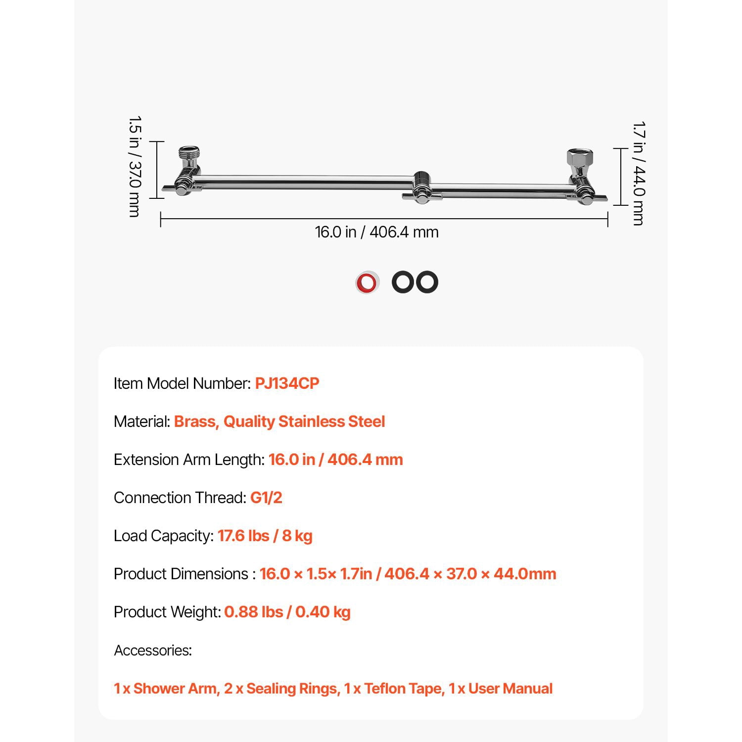 Shower Head Extension Arm with Rotating Nut, Easy Install Adjustable Height Angle, Universal Standard Connection Bathroom Shower Arm Extender