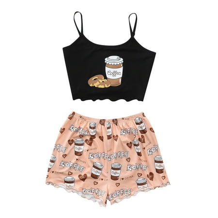 

PEASKJP Short Silk Pajamas for Women Womens Sexy Suspender Top Shorts Pajama Suit Pattern Printed Two Women Pajama Short Set Pajamas Black Large