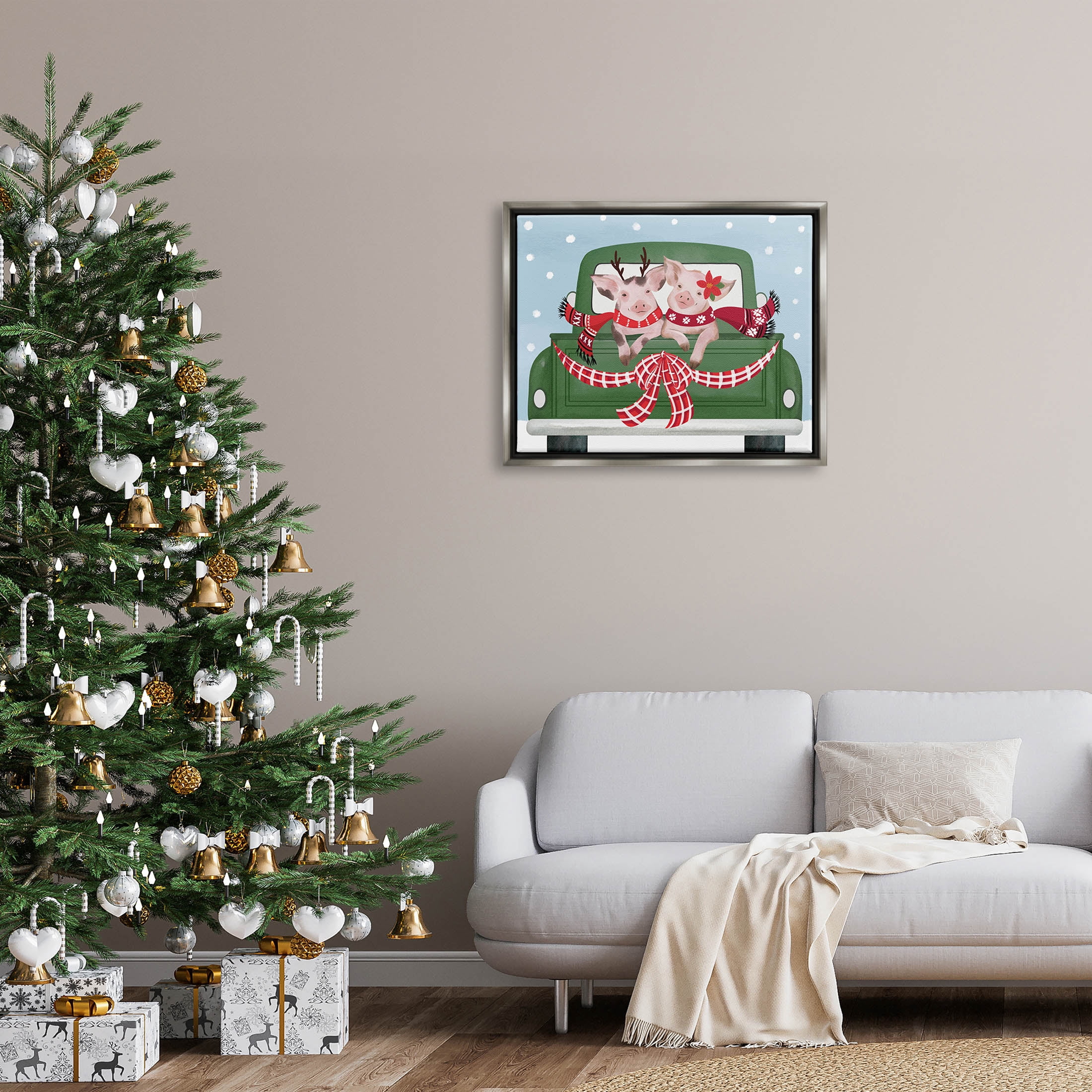Farmhouse Pigs Green Holiday Truck Holiday Graphic Art Luster Gray Framed Art Print Wall Art