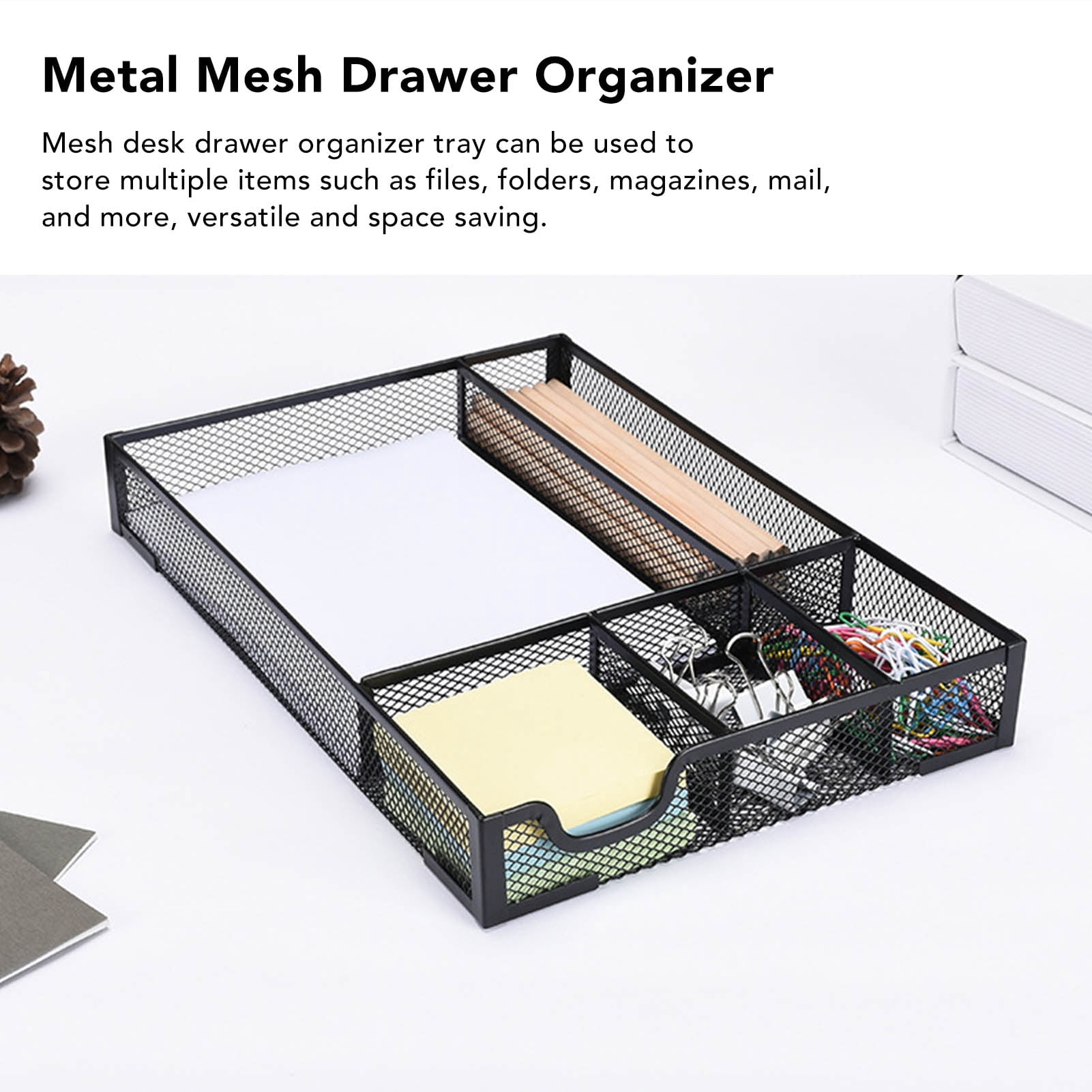 NFTIGB Metal Mesh Drawer Organizer Tray 5 Grids Multipurpose Stable Prevent Slip Desk Organizer Storage Basket Black for Office Stationery and Accessories (13 inches / 33 cm)
