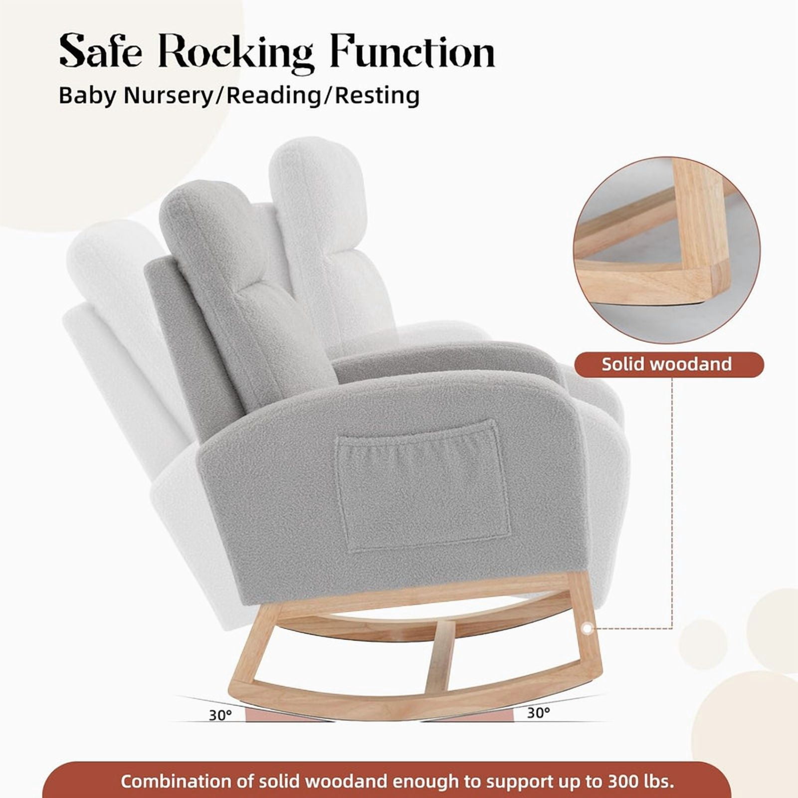 Leather Glider Chair, Modern Rocking Chair, Nursery Faux Leather Glider Chair with Rubber Wood Legs and Side Pocket, Rocking Accent Armchair for Living Room, Bedroom, Light gray