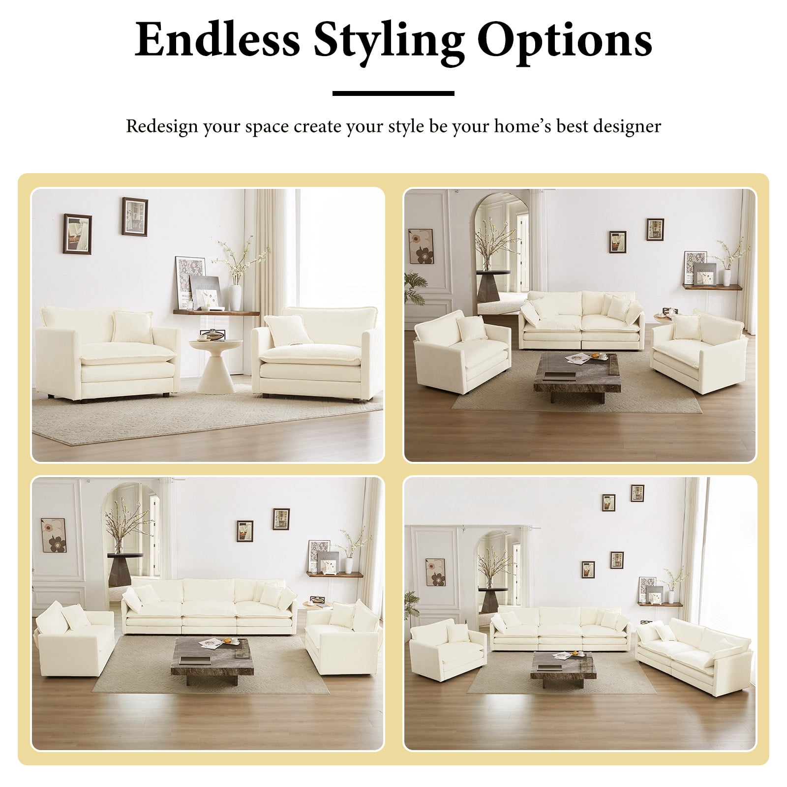 111.5” Beige White Modular Sofa, 3 Seater L Shaped Chenille Sectional for Living Room, Cloud Sectional Couch with Ottoman, Sofá moderno