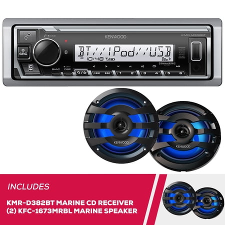 New Kenwood KMR-D382BT Marine CD Receiver & 2-Pack KFC-1673MRBL 6.5 Marine Speakers