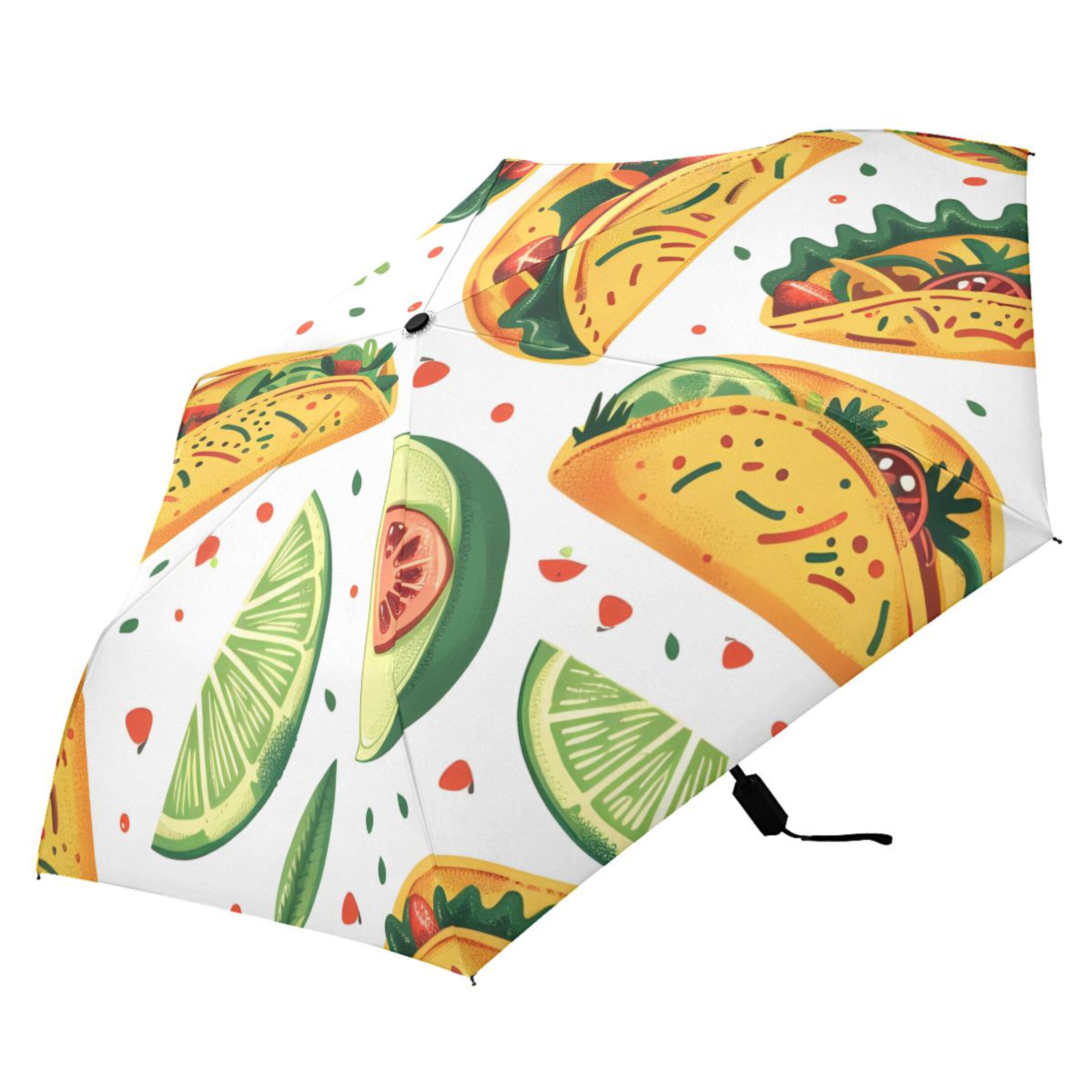 Mexico Food Tacos Chili Lemons All Weather Umbrella Triple Folding Parasol 6 Ribs UV Protection Portable