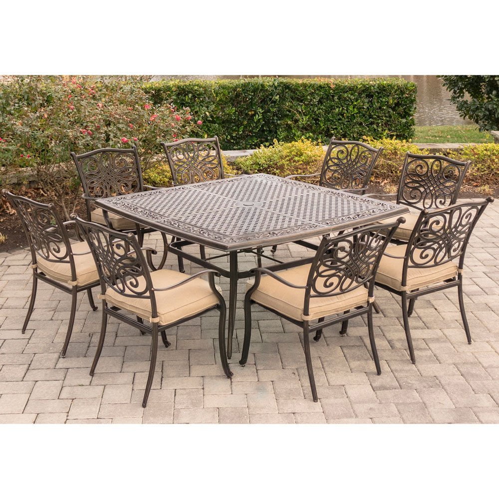 Hanover Outdoor Traditions 9-Piece Dining Set with Large Square Table, Natural Oat/Bronze