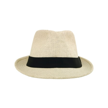 Man and Women's Summer Short Brim Natural Straw Fedora Hat, Black