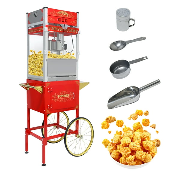 2-in-1 Tabletop/Cart 20-Ounce Commercial Popcorn Machine - 1440W Nostalgia Popcorn Maker with Tempered Glass & Storage Cabinet, Movie Pop corn Machine for Parties, Events & Home Theater (red)