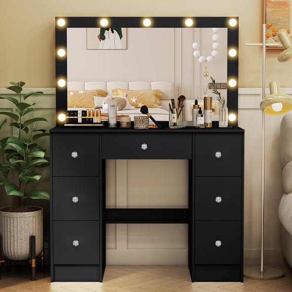 Vanity Desk Set with 3 Colors LED Lighted Mirror 7 Drawers Makeup Table White