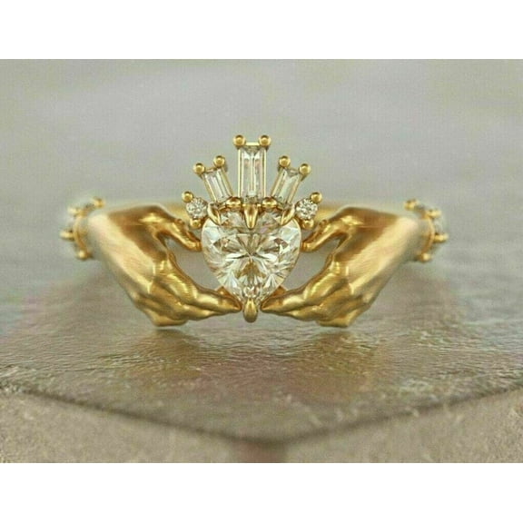 2Ct Heart Cut Lab Created Diamond Claddagh Wedding Ring 14K Yellow Gold Plated Silver