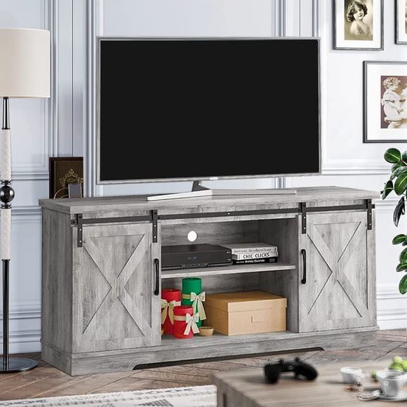 Farmhouse TV Stand for 65-Inch TV, White Entertainment Console with Barn Doors & Adjustable Shelves, Modern Media Cabinet with Storage for Living Room, Grey
