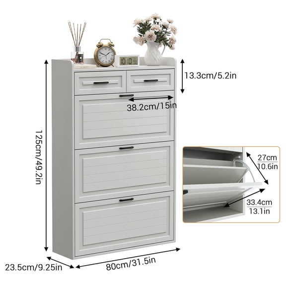 Yeshouse Shoe Storage Cabinet with 3 Flip Drawers and 2 Drawers, Hidden Wood Shoe Cabinet for Entryway, Freestanding Shoes Organizer Cabinet, Narrow Shoe Rack, White