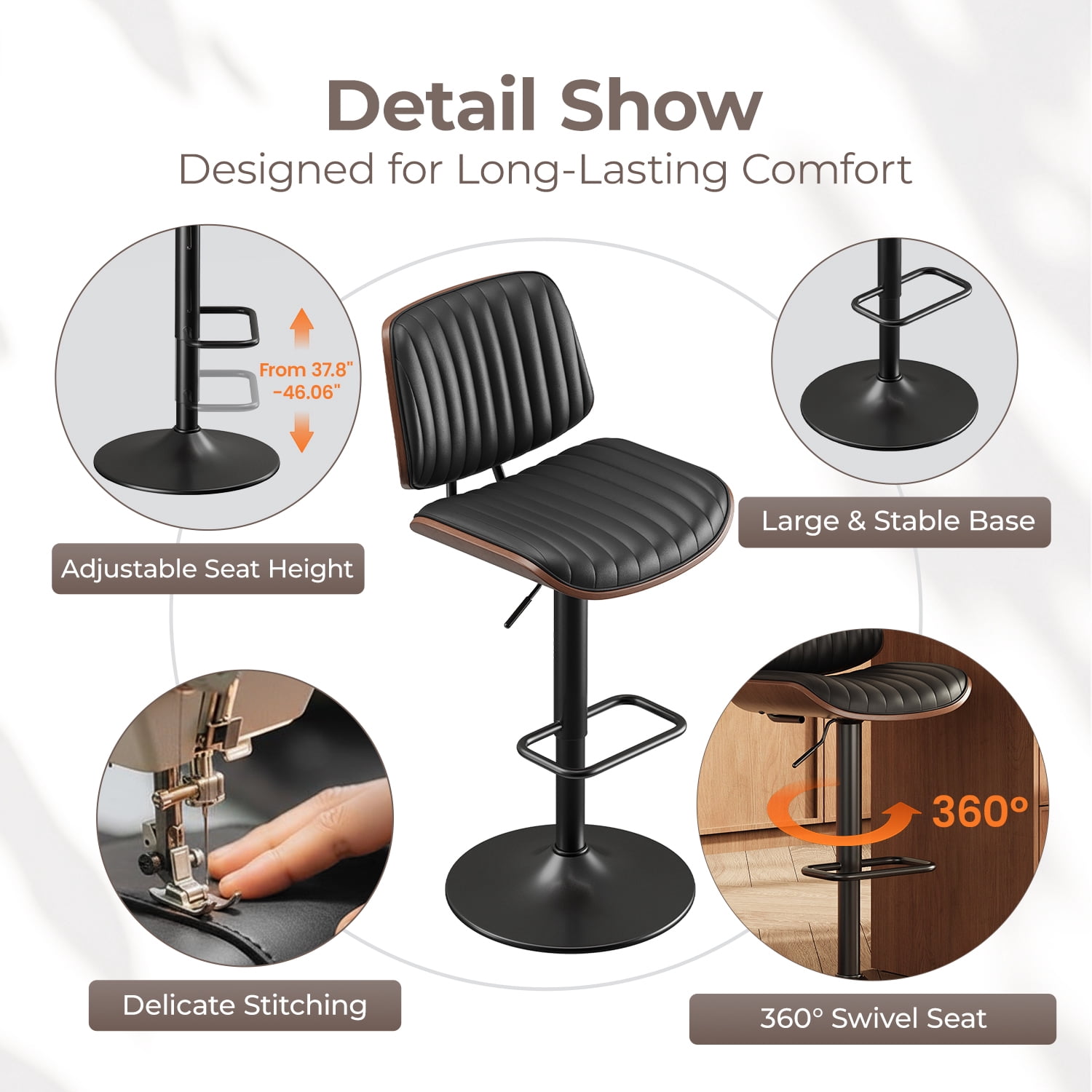 EOP Modern Upholstered Barstools Set of 2, Adjustable Height Counter Stools with Bentwood, Faux Leather Swivel Bar Stools with Metal Frame, Black