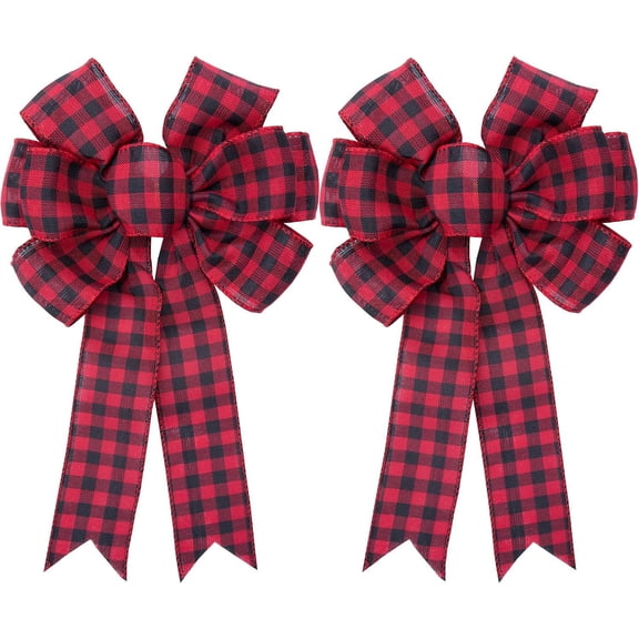 Pakyozj 2 Pcs Large Red Black Buffalo Plaid Wreath Bows, Christmas Farmhouse Bow | 16" x 10" Christmas Tree Topper Bows, Xmas Front Door Ribbon Bow for Home Decoration Indoor Outdoor Ornaments