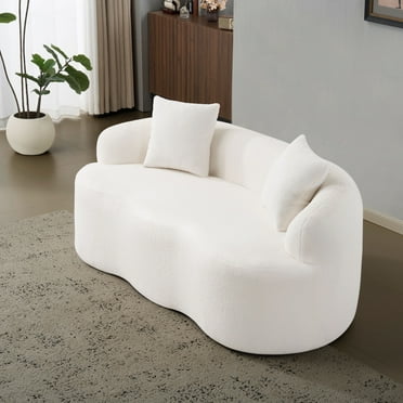 White Curved Loveseat Sofa with Round Armrest, Compression Design for Small Spaces - Cream Upholstery, 2 Pillows, Living Room & Bedroom Seating, No Assembly Required