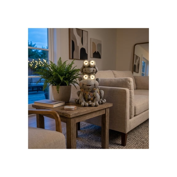 Frogs Piggy Back Ride with Solar Eyes Statue for Garden Decor - Stone Like Figurine for Front Porch, Outdoor Garden, Patio, and Yard Decor - Sculptural Yard Art for Entryway - 14", Gray & Yellow