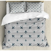 Airplane Queen Size Duvet Cover Set, Diagonal Stripes with Blue Travel Icons Silhouettes Trip Vacation Aviation, Decorative 3 Piece Bedding Set with 2 Pillow Shams, Dark Blue White, by Ambesonne