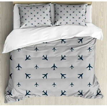 Airplane Queen Size Duvet Cover Set, Diagonal Stripes with Blue Travel Icons Silhouettes Trip Vacation Aviation, Decorative 3 Piece Bedding Set with 2 Pillow Shams, Dark Blue White, by Ambesonne