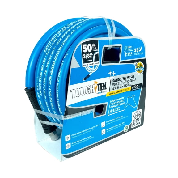 Blu Shield Tough-Tek 3/8" x 50' Rubber Pressure Washer Hose, 3000 PSI, Hot Water Rated 250°F, Non-Marking, M22 Fittings with Coupler & Plug
