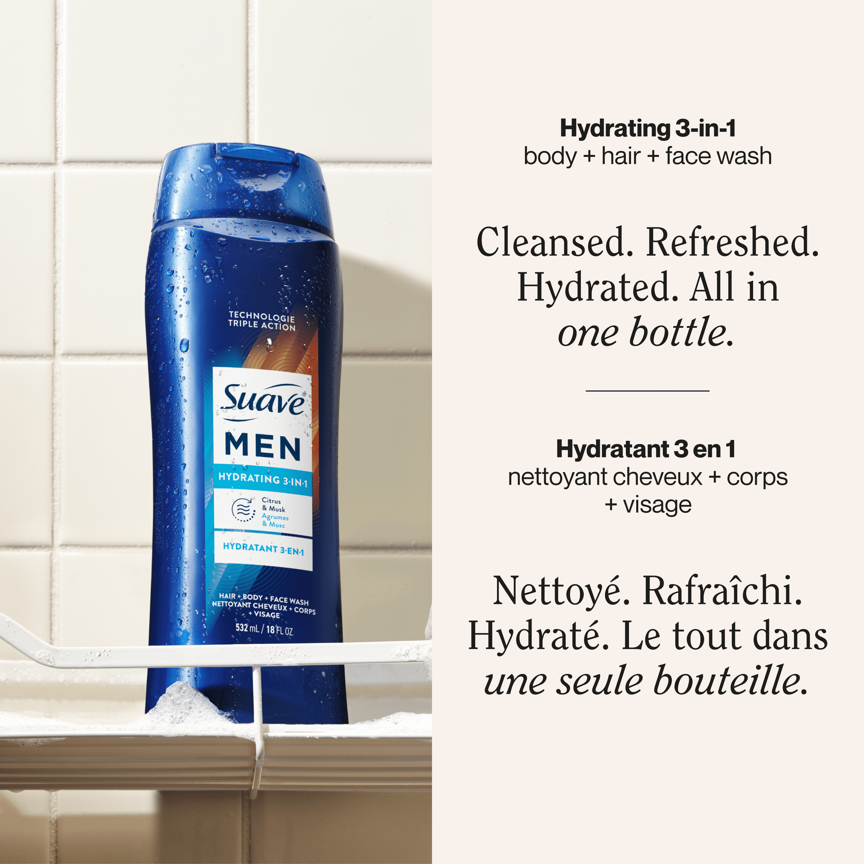 Nettoyant 3 en 1 pour le corps Suave pour hommes, nettoyant pour les cheveux, le visage et le corps, savon pour le corps pour une peau et des cheveux hydratés, un parfum frais toute la journée, 532ml