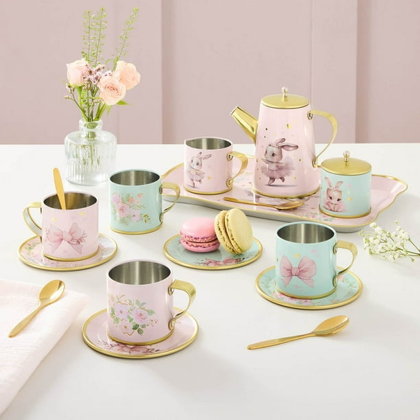 Delton製品鳥Tin Tea Set withバスケット18ピース、4&quot; Delton製品鳥Tin Tea Set withバスケット18ピース、4