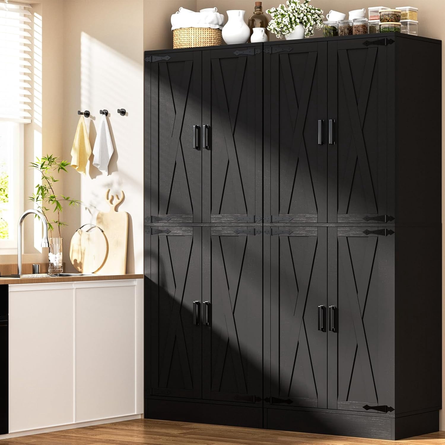 iSunirm 71" Tall Kitchen Pantry Storage Cabinet with Drawer, 4 Doors and 4 Adjustable Shelves, Freestanding Wood Farmhouse Pantry Cabinet for Kitchen, Dining Room, Pantry