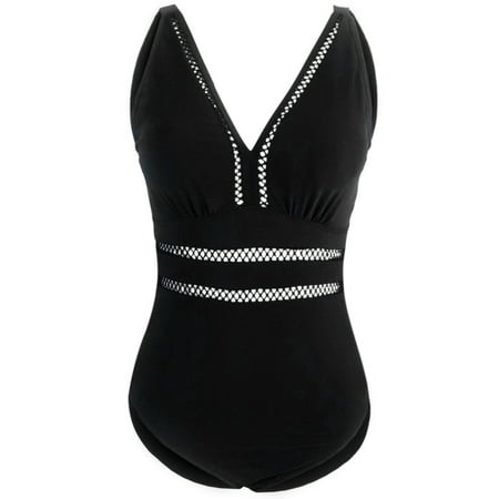 Womens Swimsuits One Piece Large Size Solid Color Mesh Stitching Printed Bikini Seaside Trendy Lightweight Delicate Black Swimwear Sizes L